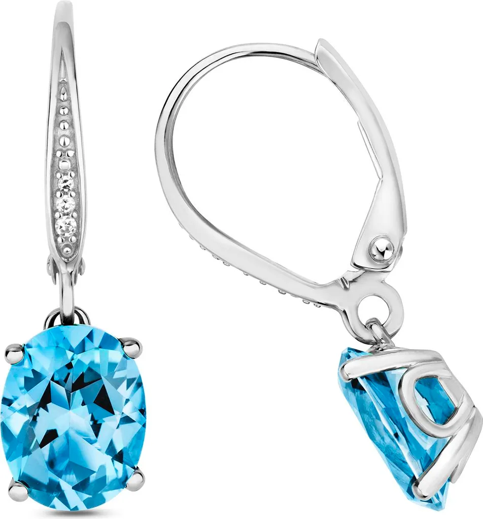 Boucles d'Oreilles Or Blanc Anti-Ternissement Topaze et Diamant 25x7mm