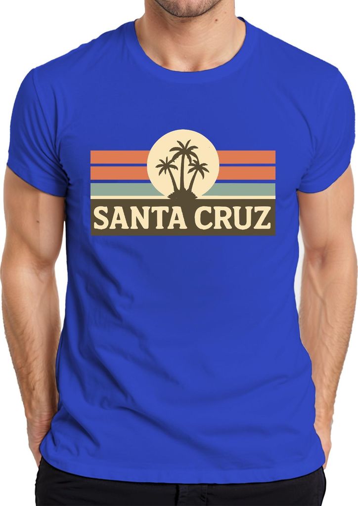 Santa Cruz Palmen Retro Sonnenuntergang Surfer Kalifornien Küste Herren T-Shirt, Blau, XL