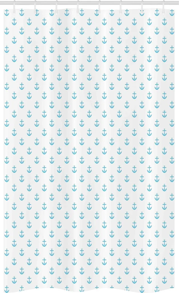 ABAKUHAUS Anker Tenda da doccia stretta, motivo blu vivido, set decorativo per bagno in tessuto con ganci, 120 x 180 cm, azzurro e bianco