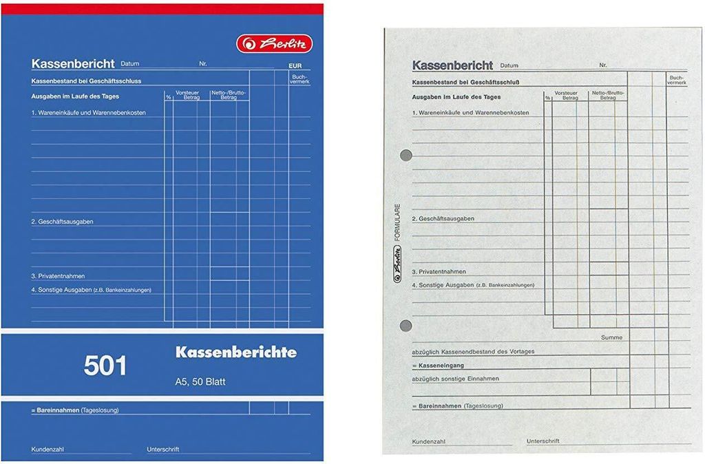 Two different versions of a German accounting form called 'Kassenbericht' (cash report) are shown side-by-side.