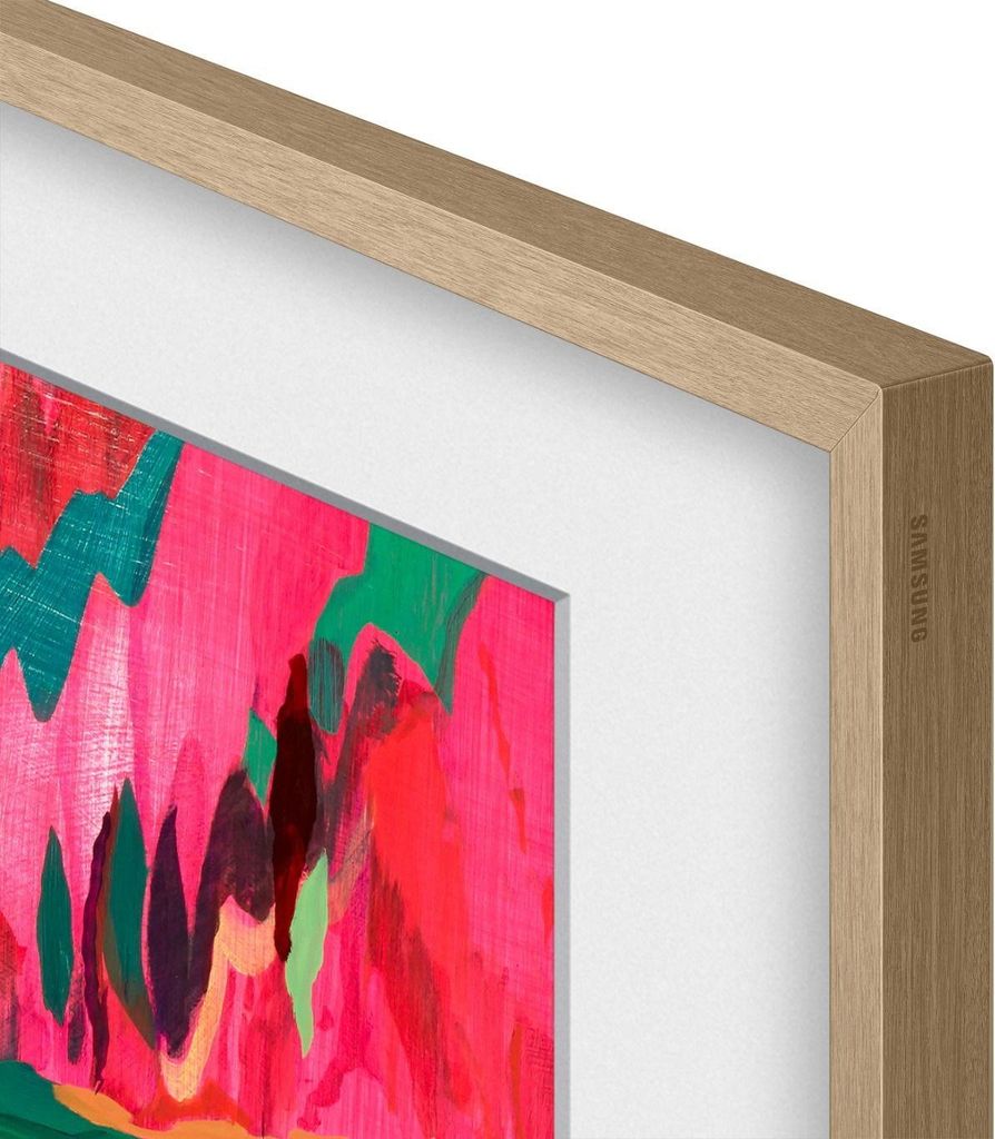 A close-up view of a television frame with a colorful abstract painting displayed on the screen.