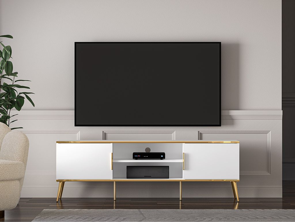 TV-Lowboard 2-türig in weiß mit goldfarbenen Details, Produktbild 