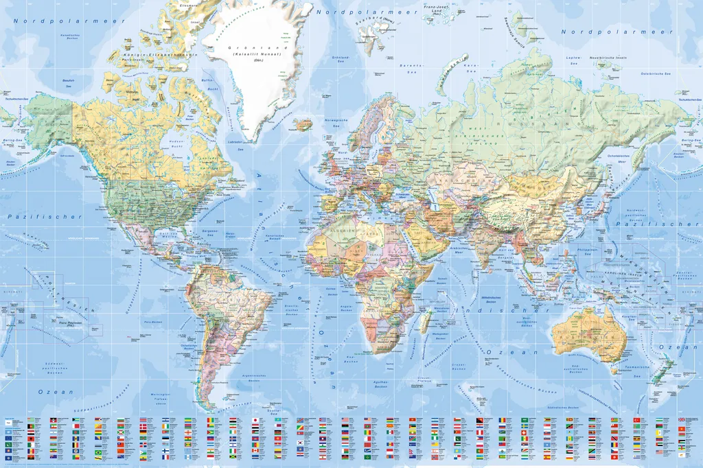 Mappa Mondo Politica Tedesca 92cm con Sospensione Legno Nero