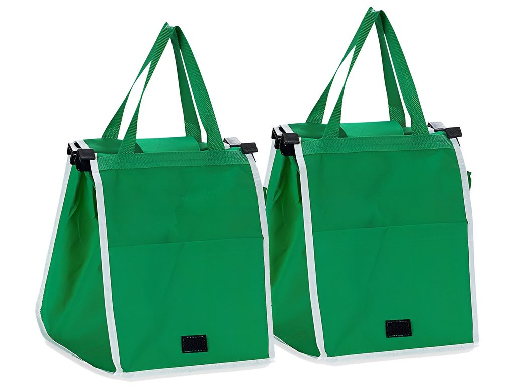 Two green shopping bags with white trim and black handles are shown against a white background.