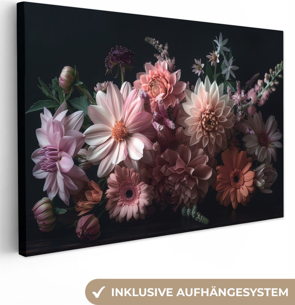 MuchoWow - Leinwandbilder - Blumen - Bunt - Rosa - Modern, Wandbild, Wanddeko Bilder Wohnzimmer, 120x80 cm