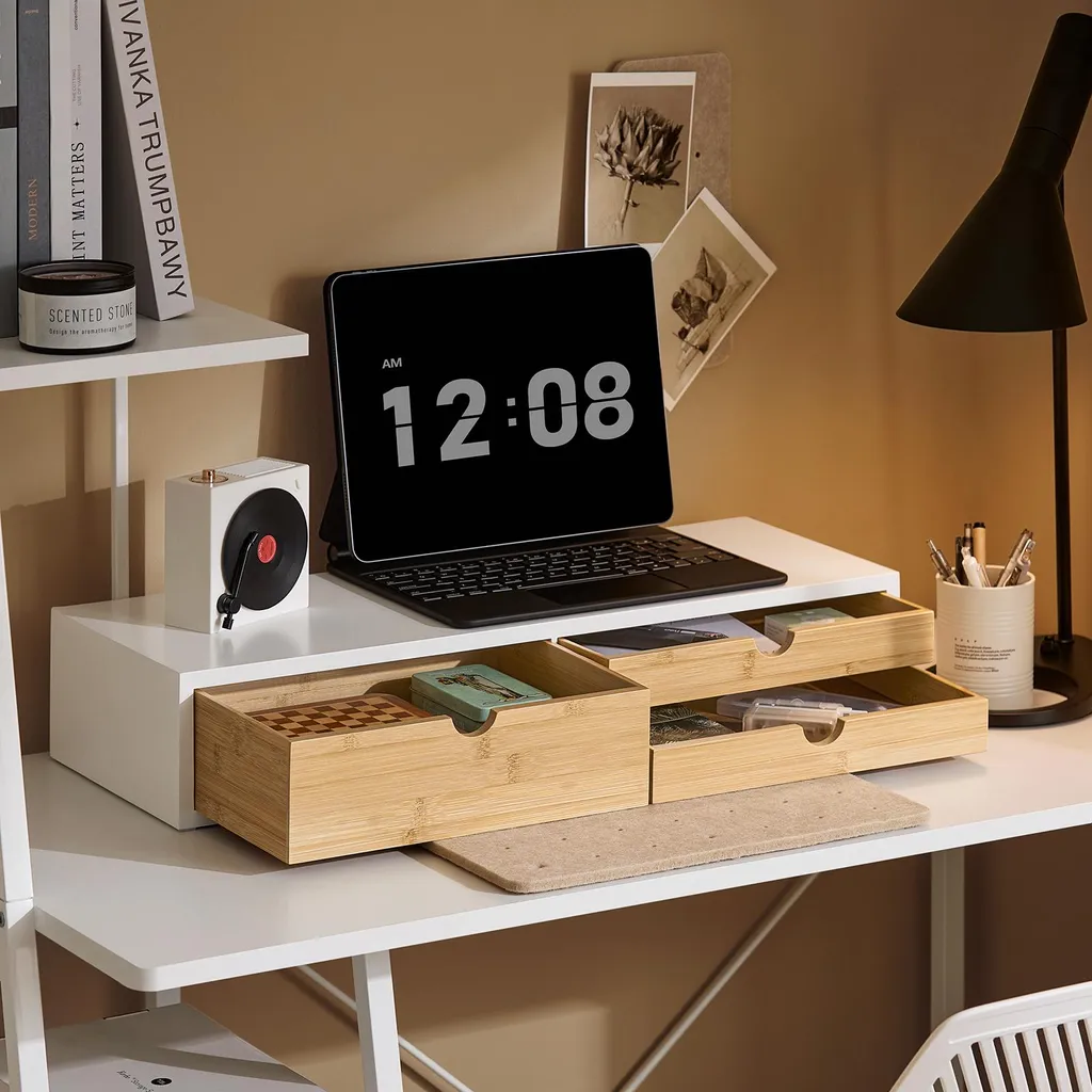 Support Écran PC Ergonomique Blanc pour Télétravail avec Rangements - 2