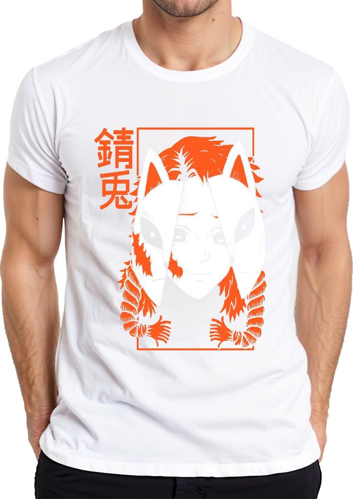 Kitsune Maske Anime Fuchsmasken Cosplay Otaku Geschenk düster Herren T-Shirt, Weiß, L