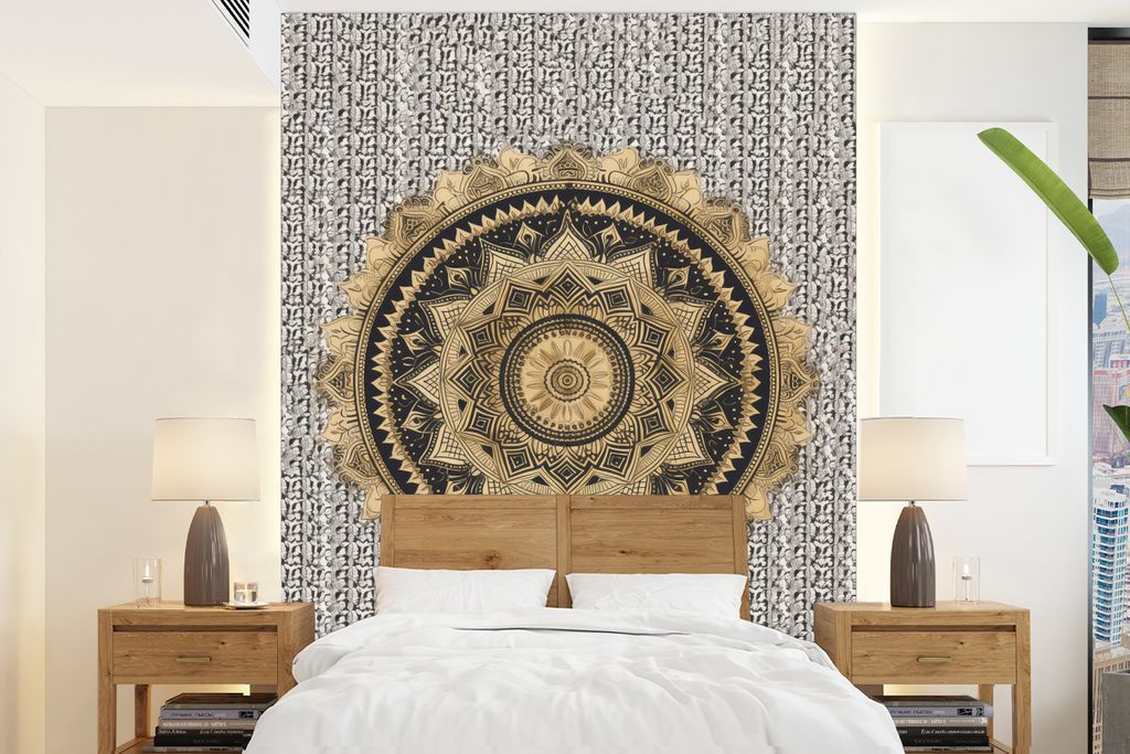 MuchoWow Fototapete für Wohnzimmer oder Schlafzimmer Wandtapete Vinyl Motivtapete Mandala - Blume - Gold - Luxus - Bohème - 195x260 cm - Wandbild