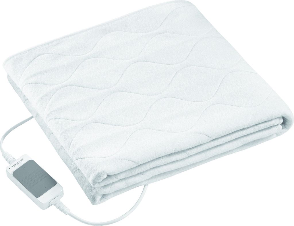 A folded white electric blanket with a control unit attached.