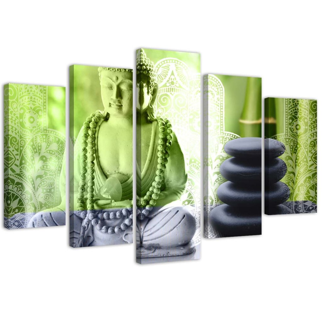 5-teiliges leinwandbild buddha und steine 100x70 cm Feeby grün wandbild bereit zum aufhängen