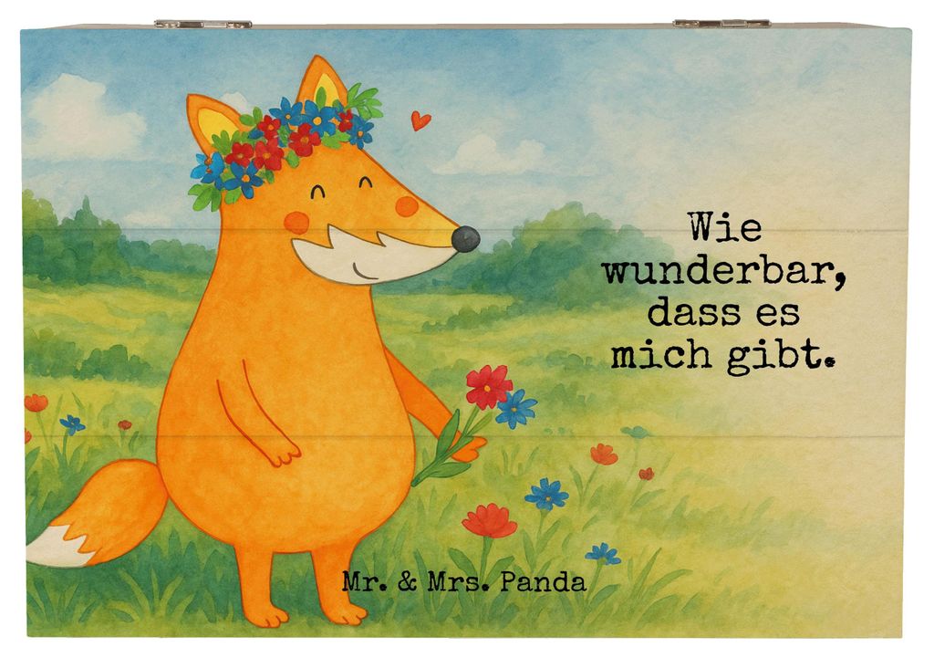 Mr. & Mrs. Panda Holzkiste Fuchs Blumen Design 22 x 15 cm - Weiß - Geschenk, Erinnerungsbox, Truhe, Blumenliebe, Box, Kiste mit Deckel, Liebe, Hol...