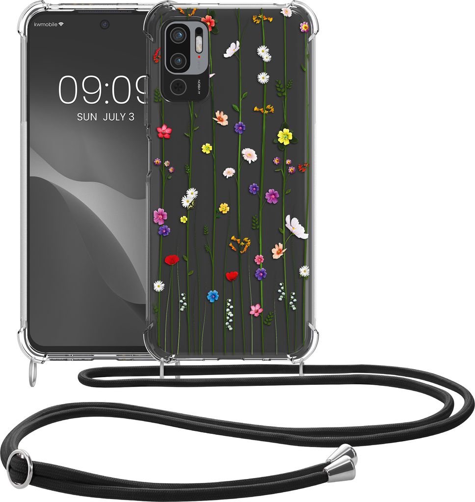 kwmobile Necklace Case kompatibel mit Xiaomi Redmi Note 10 5G Hülle - Silikon Cover mit Handykette - Mehrfarbig Transparent Wildblumen Ranke
