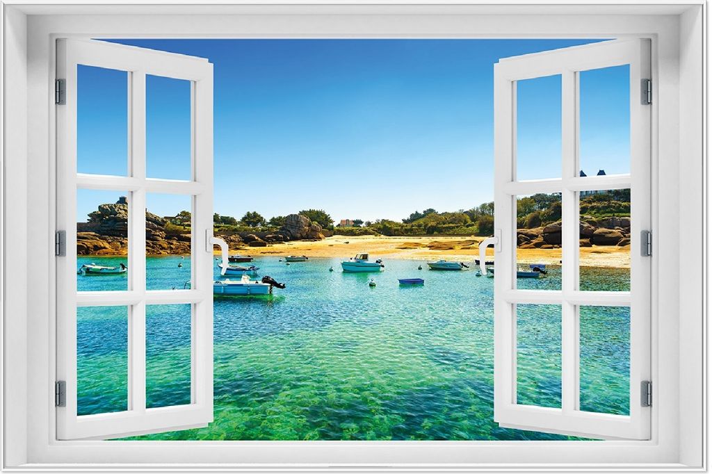 Wallario Wandbild mit Fenster-Illusion: Französische Bucht mit klarem Wasser und Booten, Größe: 61 x 91,5 cm, Poster mit weißem Aluminiumrahmen