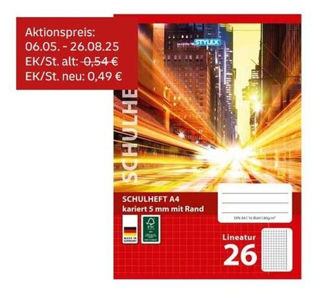 Stylex Schulheft DIN A4, 16 Blatt – Lineatur 26 Produktbild 
