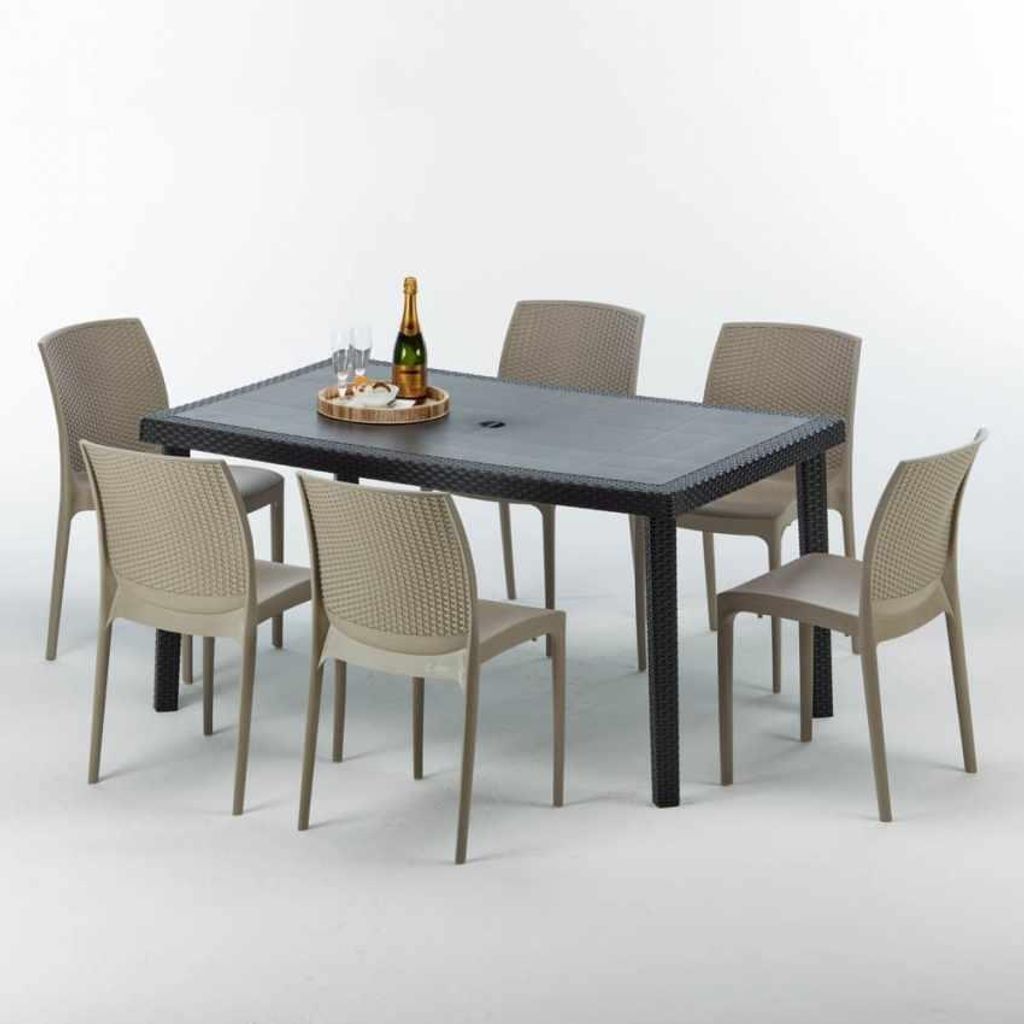 Poly Rattan Tisch Rechteckig mit 6 Bunten Polyrattan Stühlen 150x90 Schwarz
