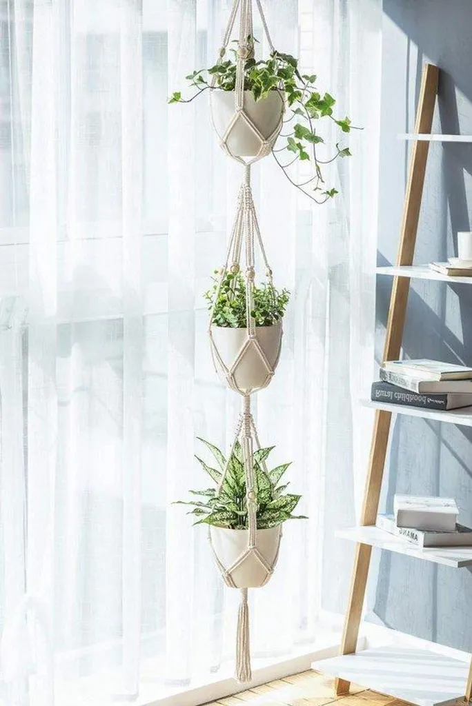 Étagère à fleurs d'extérieur 3 niveaux avec panier en coton tressé