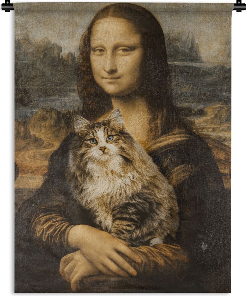 MuchoWow Wandteppich Wandbehang Mona Lisa - Katze - Leonardo da Vinci - Vintage - Kunstwerk - Alte Meister - Gemälde 90x120 cm Tapisserie Dekora...