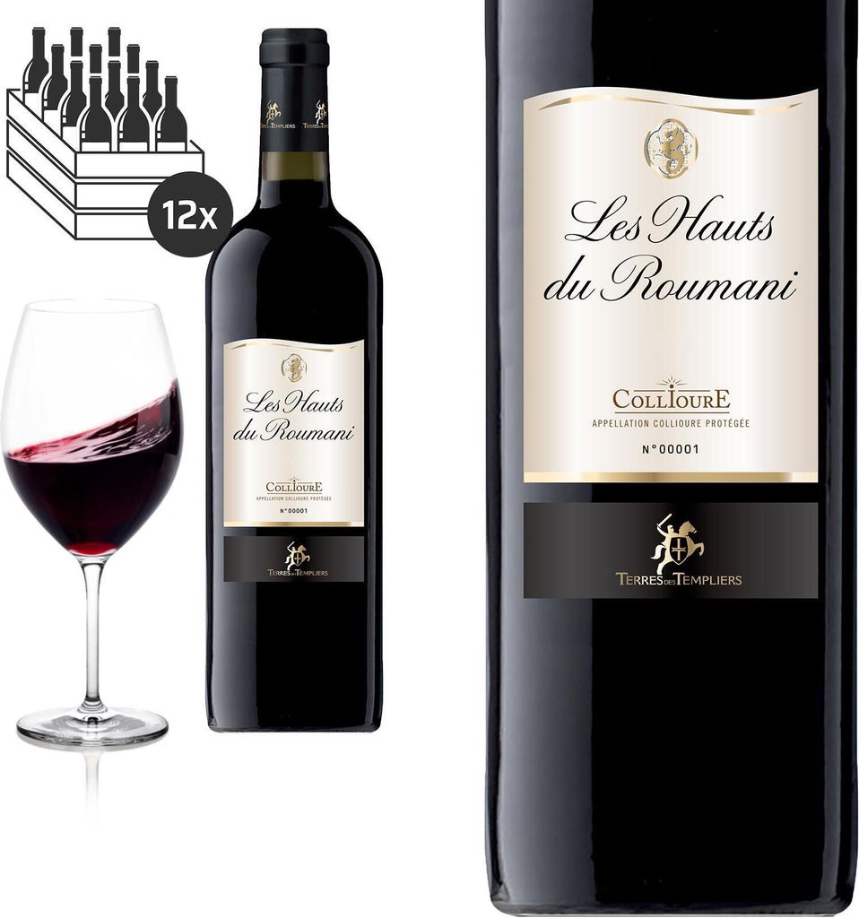 12er Karton 2019 Collioure Les Hauts du Roumani von Terres des Templiers - Rotwein
