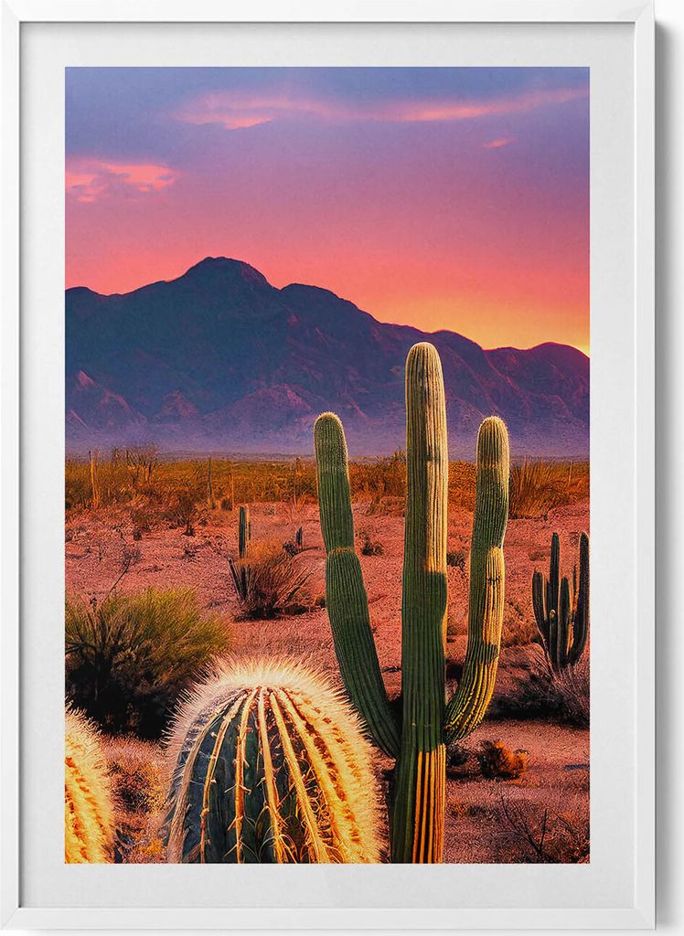 Sonnenuntergang in der Wüste– Wandbild mit Rahmen – Gerahmtes Bild – Wanddekoration – 70x100 cm – Weiß Rahmen