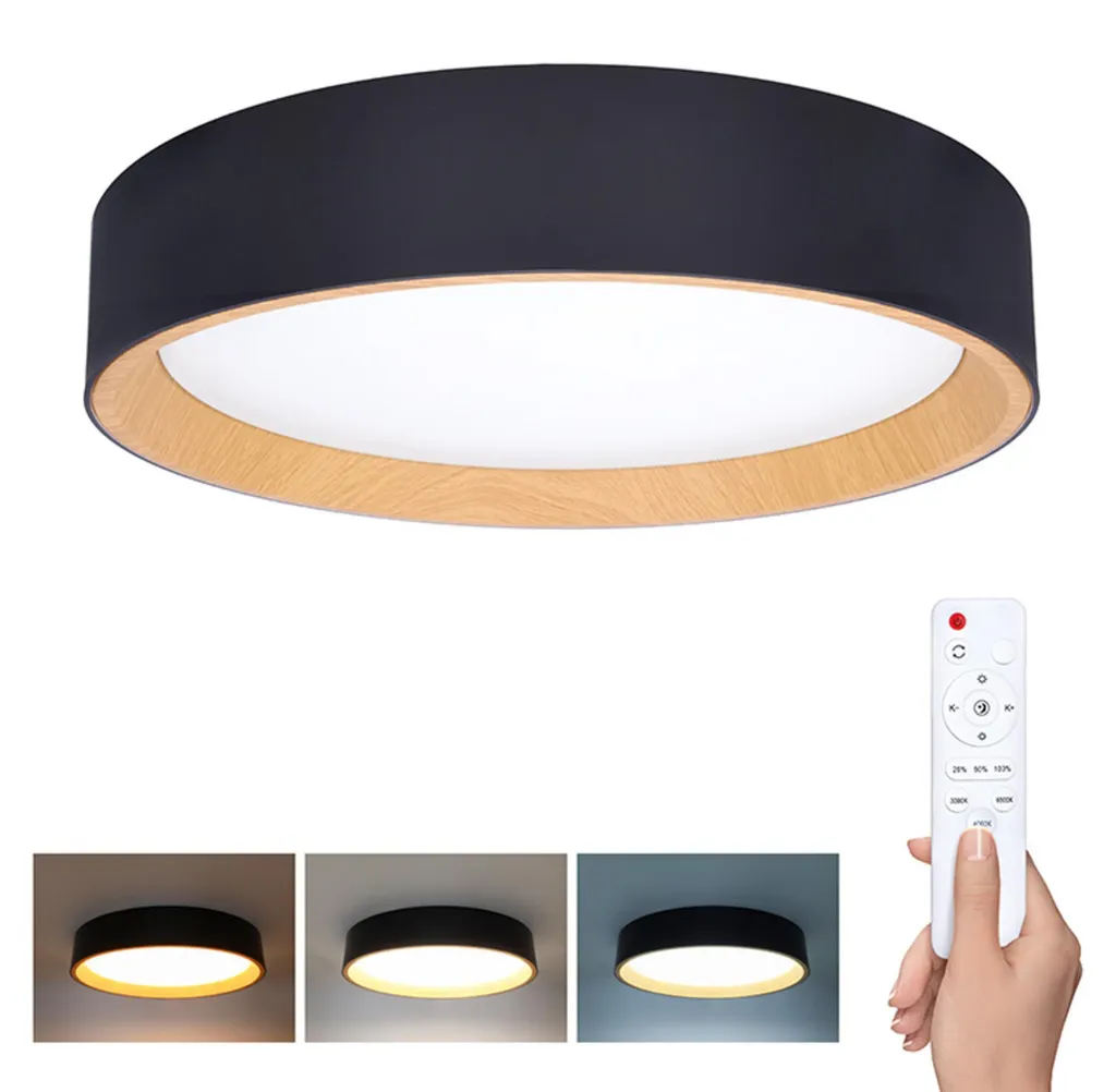 Plafonnier LED Anti-Éblouissement 48W CCT Bois et Noir 3360lm 390mm
