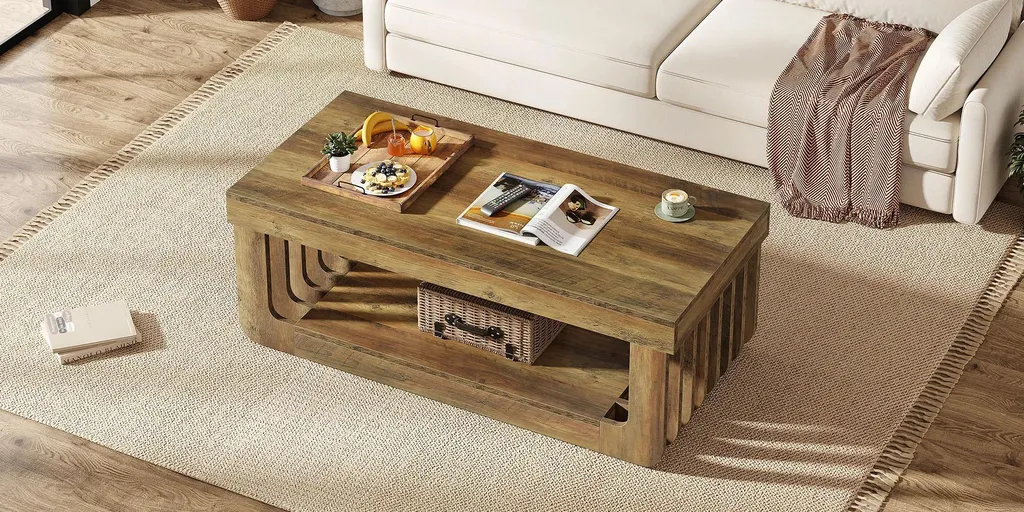Table basse bois MDF 2 niveaux brun rustique grand format 120x60 cm - 10