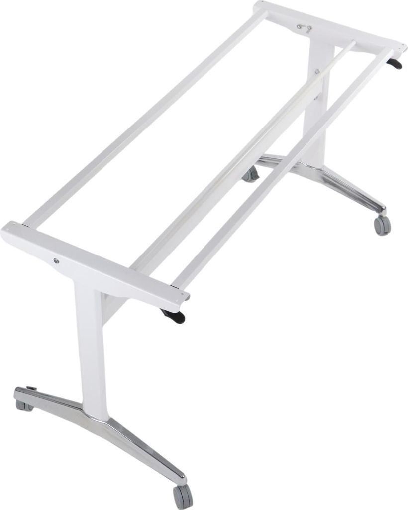 A white folding table base with silver legs and wheels, presented in a studio setting against a white background.