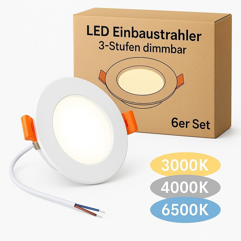 LED Einbaustrahler 5W 3-Stufen dimmbar 3000K/4000K/6500K Ø75–80mm – 6er Set