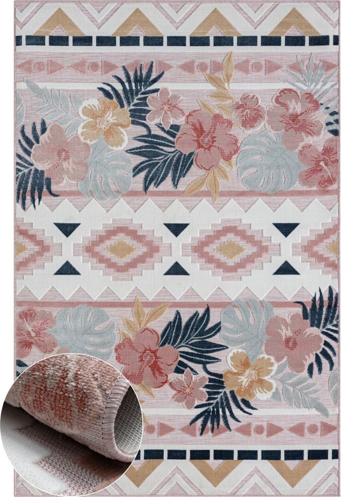MY-RUG Outdoor-Teppich "Aurora II" 150x80 cm, rosa, mit floralem Hoch-Tief-Design, für drinnen und draußen