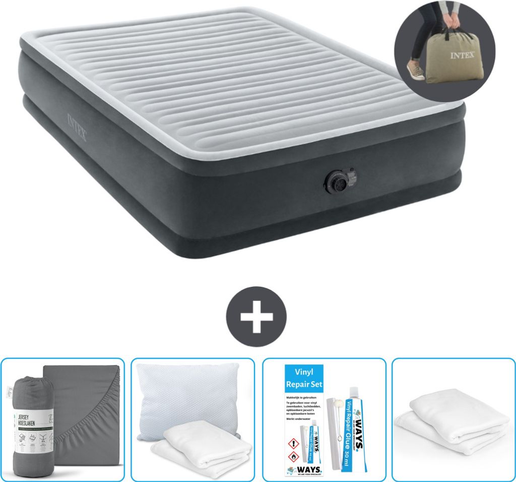 Intex Luftbett - 2 Personen - 152 x 203 x 46 cm - Grau - Inklusive Pumpe - Spannbettuch - Küssen - Reperaturset en Kissenschutz