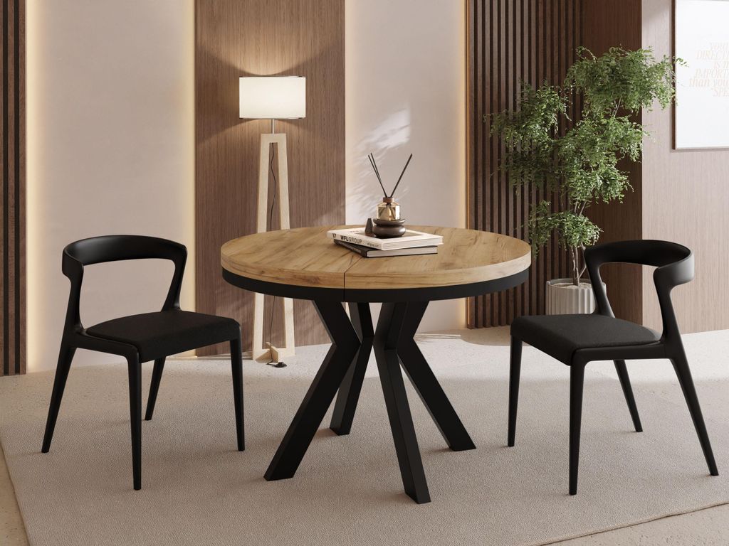 Runder Esstisch Ausziehbar 100-200 cm XXL Groß – Verlängerbar, für 5-10 Personen mit Schwarzen Holzbeinen & Metallring – Tisch für Wohnzimm...