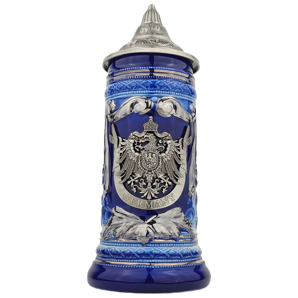 Bierkrug mit Deckel 0,7L – Steinkrug mit Metallmontur "Germany"-Motiv – Geschenkidee für Männer & Bierliebhaber (Blau)