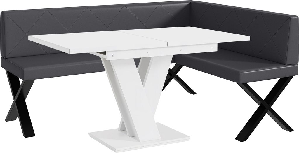 MEBLINI Eckbank für Esszimmer mit ausziehbarem Tisch - Küchenbank - Essecke - Sitzecke Küche - ERIC - X-Beine 128x168x87cm Rechts - Grau Kunstle...