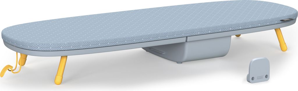 A light blue ironing board with a subtle pattern and yellow legs, shown on a white background.