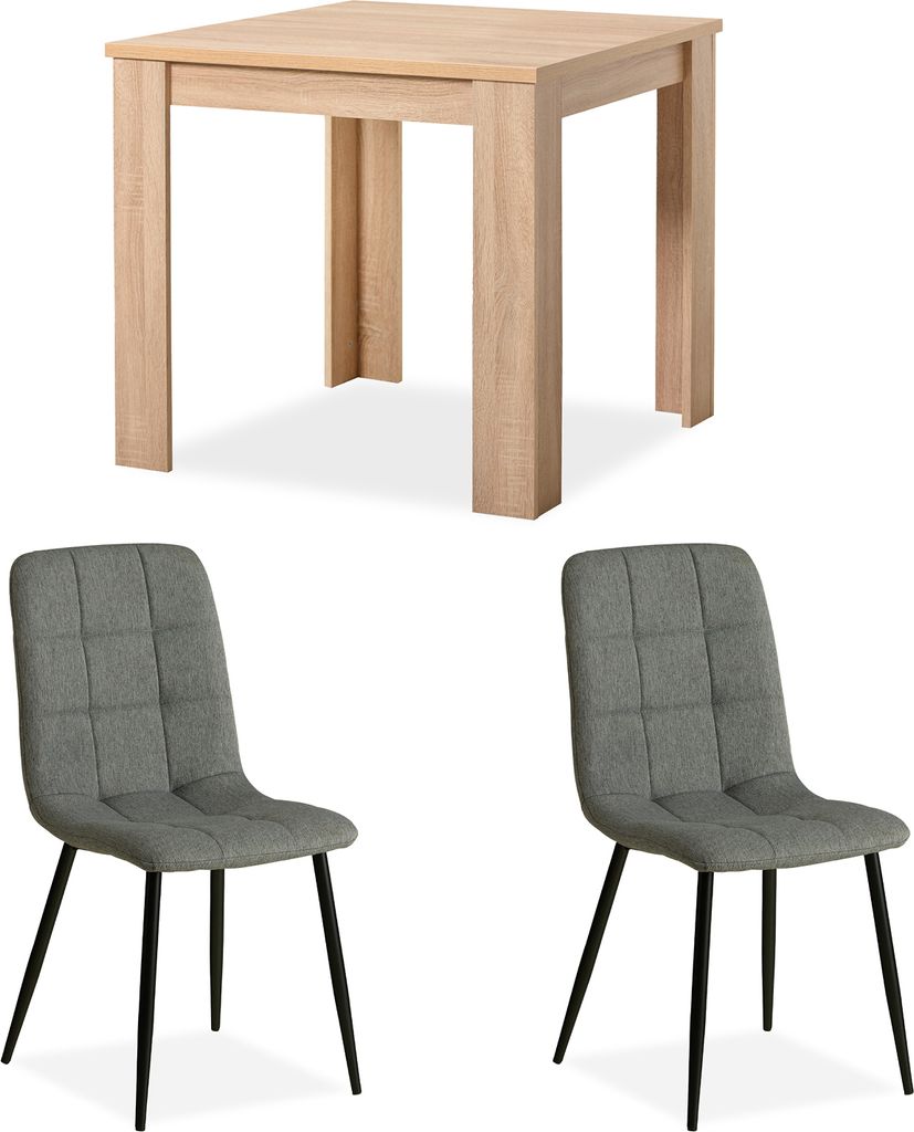 A wooden table and two gray chairs are displayed against a white background.