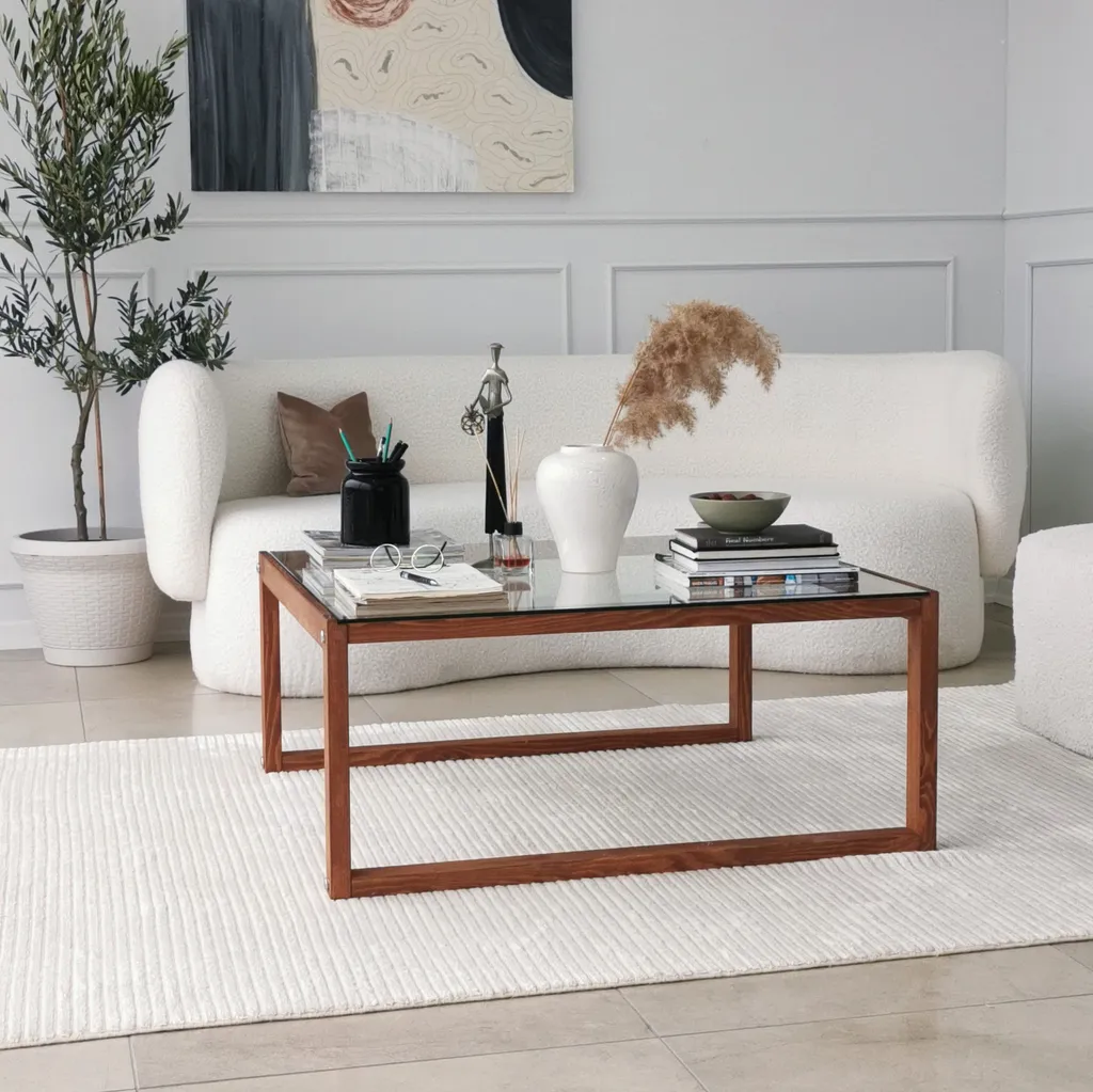 Grande Table Basse Carrée 90x90 cm pour Salon Moderne Verre et Bois