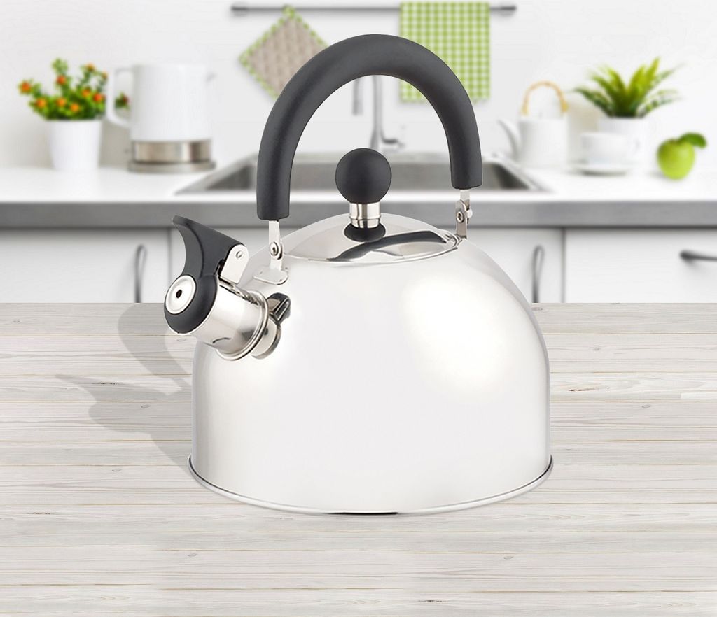 Retro Flötenkessel 1,5L Edelstahl mit schwarzem Griff