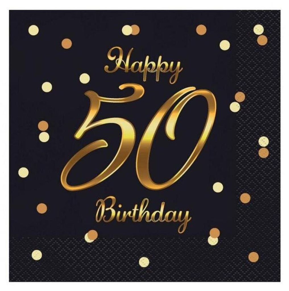 A festive graphic for a 50th birthday celebration with gold text and confetti on a black background.