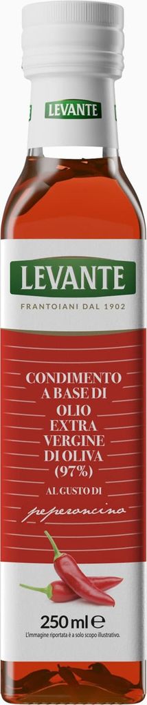 A bottle of olive oil infused with chili pepper.