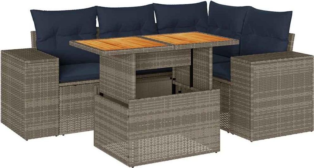vidaXL 5-tlg. Garten-Sofagarnitur mit Kissen Grau Poly Rattan