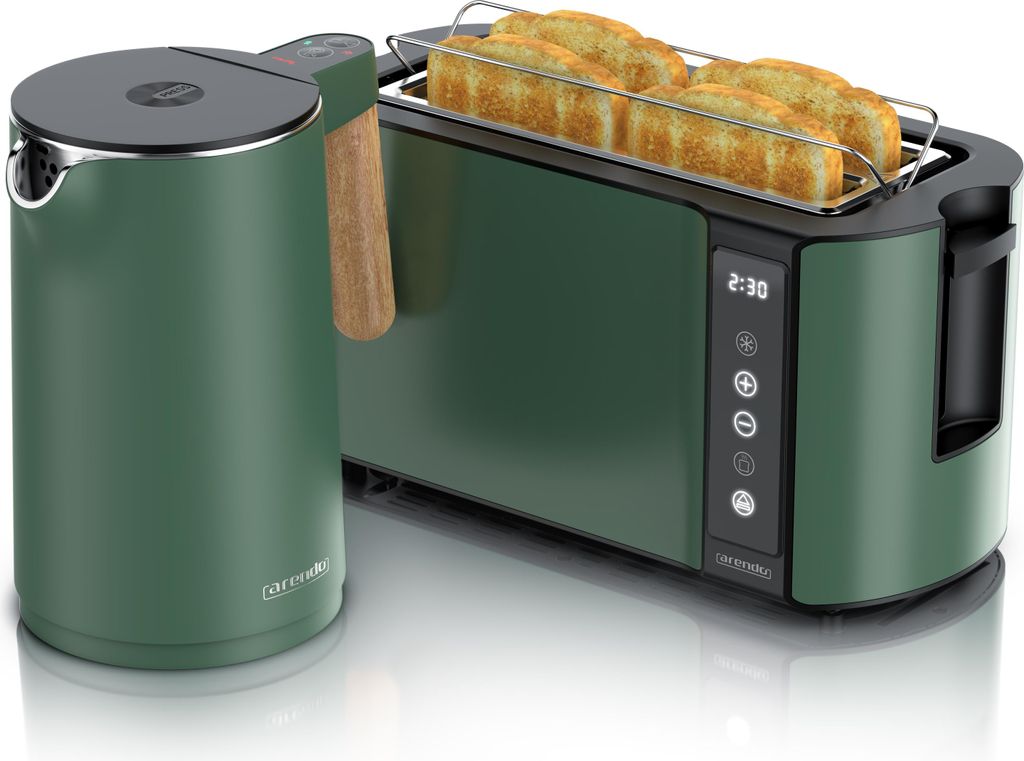 Arendo Frühstücks-Set Edelstahl, Wasserkocher mit Temperatureinstellung 1,5l, 4 Scheiben Langschlitztoaster, 4 Scheiben Toaster, Brötchenaufsatz...