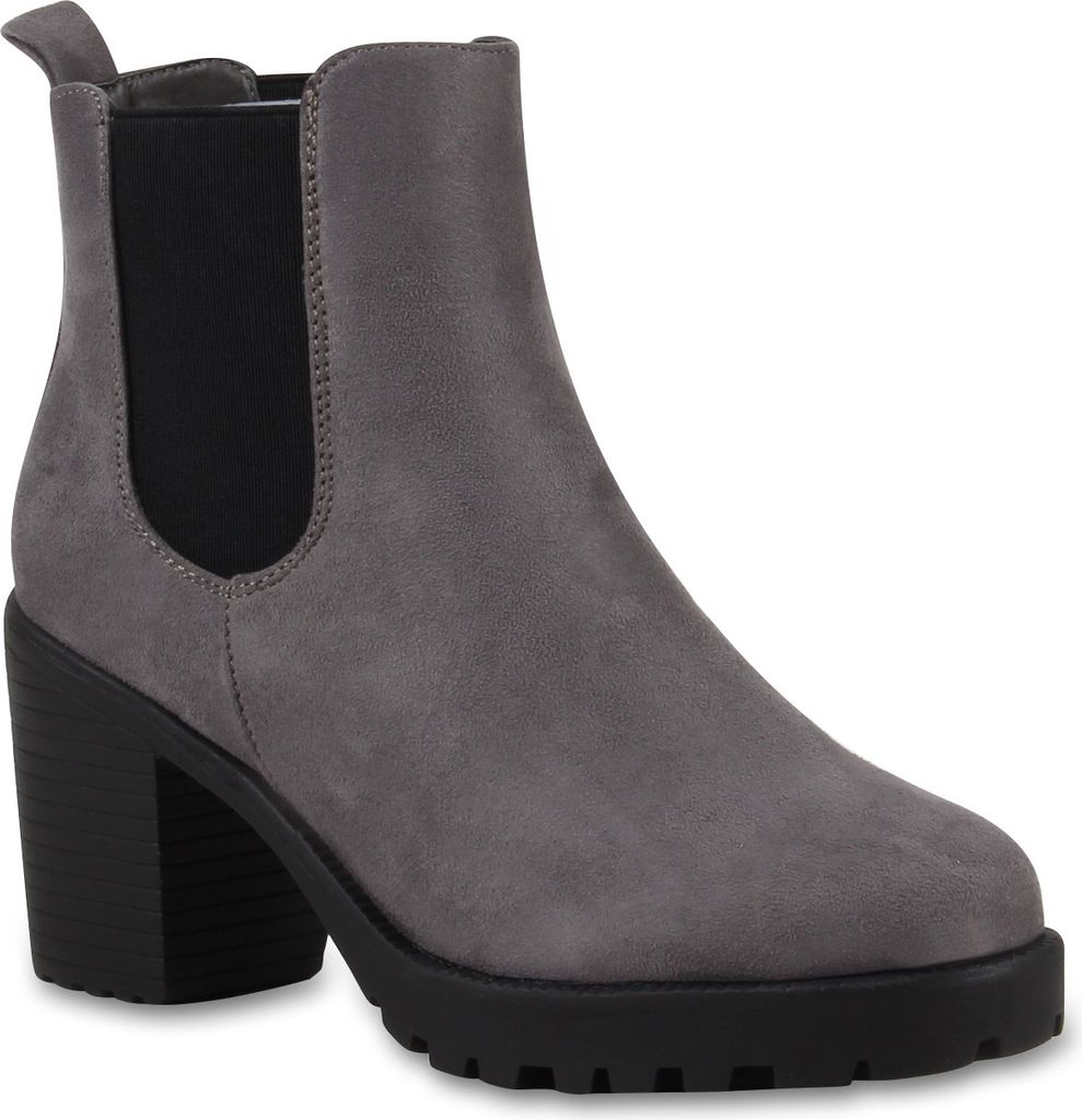 Mytrendshoe Damen Stiefeletten Blockabsatz Chelsea Boots Profilsohle 76870, Farbe: Grau, Größe: 38