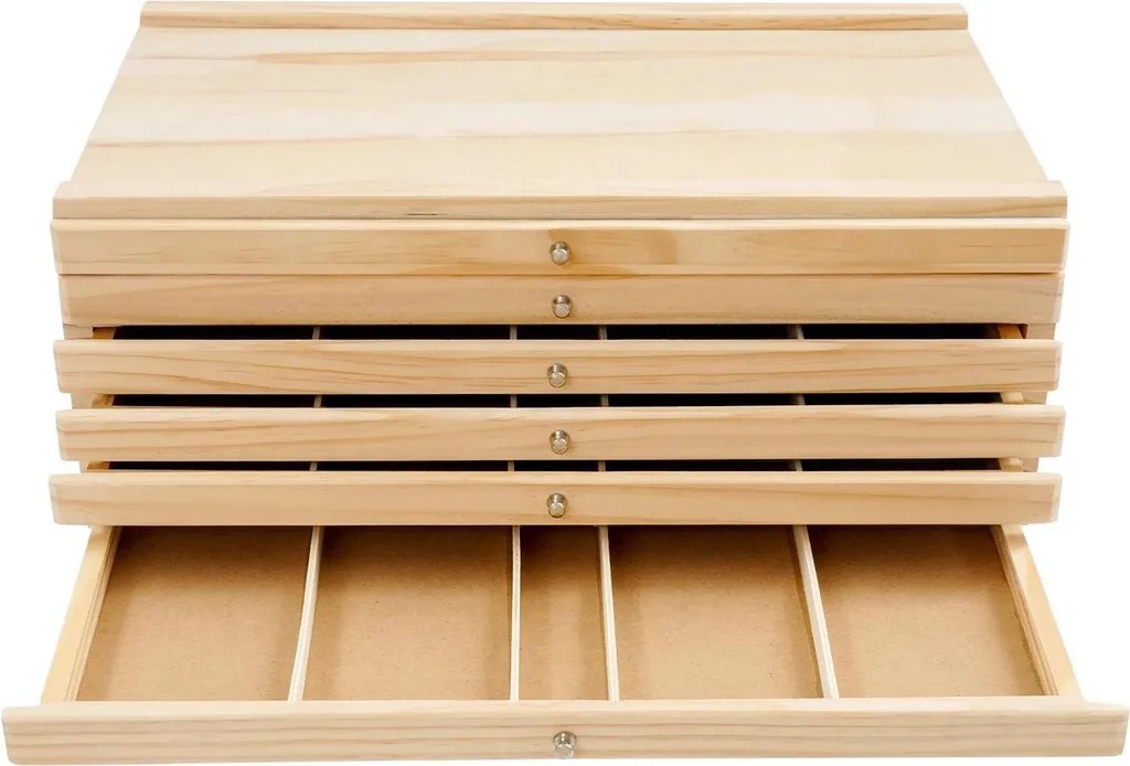Boîte rangement bois doré portable 6 tiroirs amovibles 40 x 25,5 x 15,2 cm