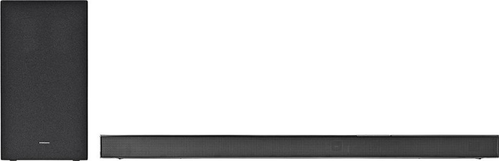 A black soundbar and subwoofer are shown against a white background.