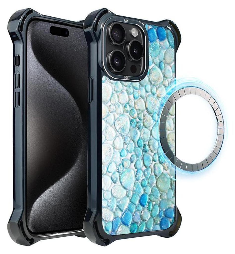 Schutzhülle für das iPhone 15 Pro, MagSafe-kompatibel, verstärkte Ecken, schwarz, blaue Wassertropfen