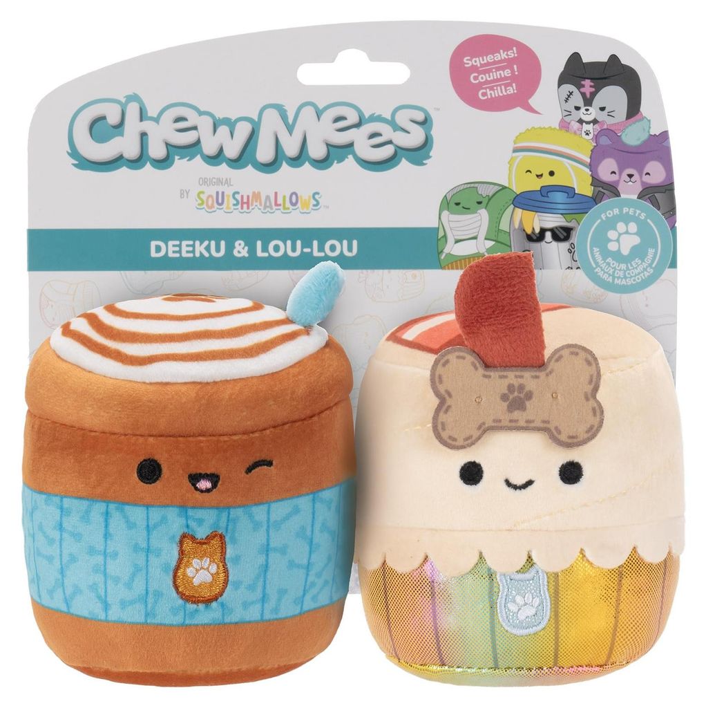 Squishmallows Chew Mees JPT1488 Deeku Pup Latte + Lou-Lou Bacon Cupcake Hundespielzeug 2er-Pack – 9 cm – nur von Original