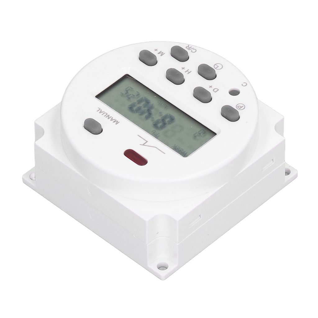A white electronic timer with a digital display and buttons, shown from a slightly elevated angle on a white background.