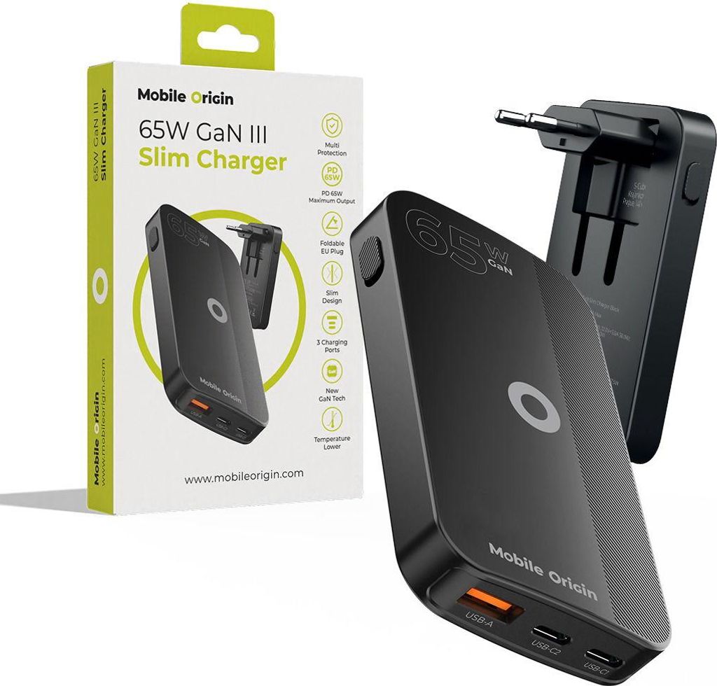 Mobile Origin 65W GaN III Slim Ladegerät dual USB-C Single USB-A Schwarz