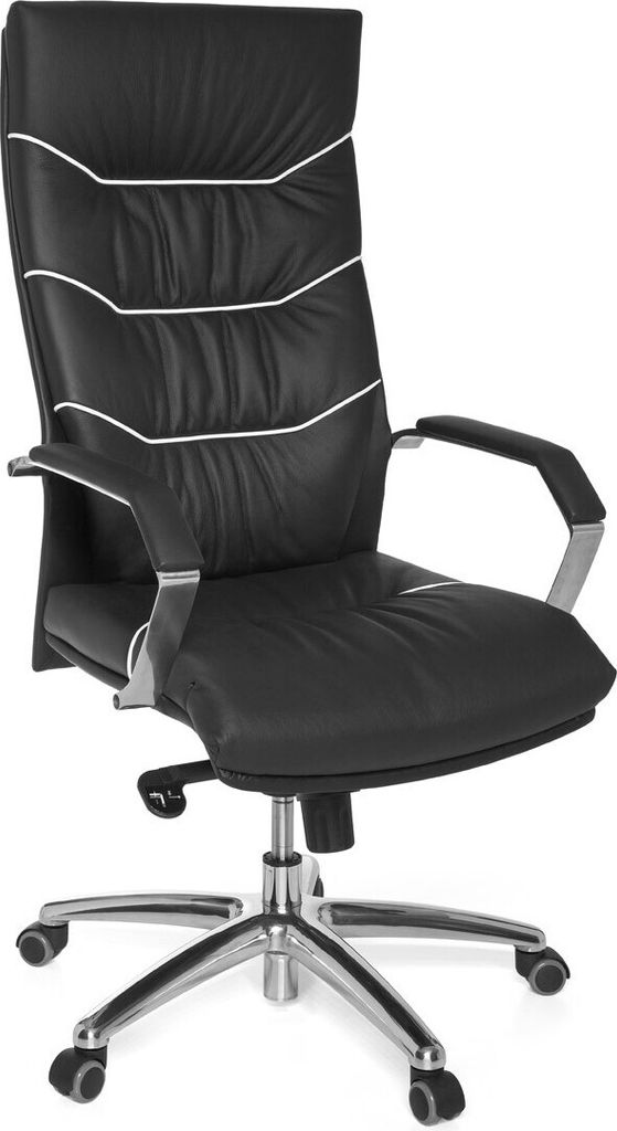 "Xxl" Chefsessel Kanzas: Echtleder, Soft-Air Formpolster, verchromte Armlehnen, Aluminium-Fußkreuz, 5-Punkt Mechanik. 60x55x126 cm | Kadima Design