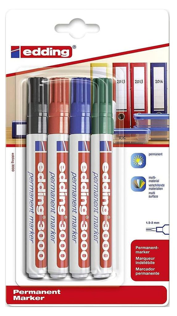 Permanentmarker, EDDING 3000, set van 4 stuks Productafbeelding 