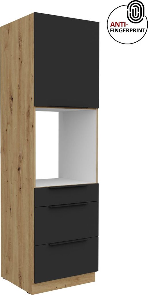 Küchen Hochschrank 60 cm Küche ARIA Schwarz ultra matt + Eiche Artisan matt, hochwertige Fronten mit Anti Fingerprint Beschichtung, Soft-Close K...